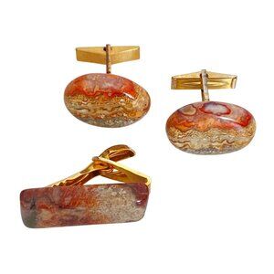 Crazy Lace Agate Gemstone Tie Clip and Cufflinks Set With Gold Tone Hardware